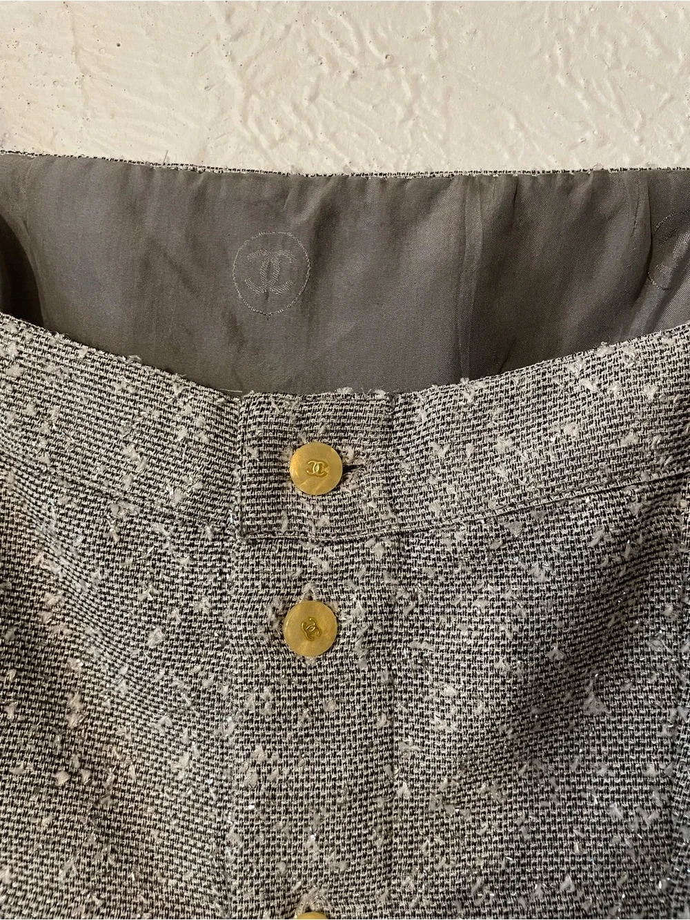 CHANEL Gray Tweed Spaghetti Strap Crop Camisole Buttoned Top Size FR 36